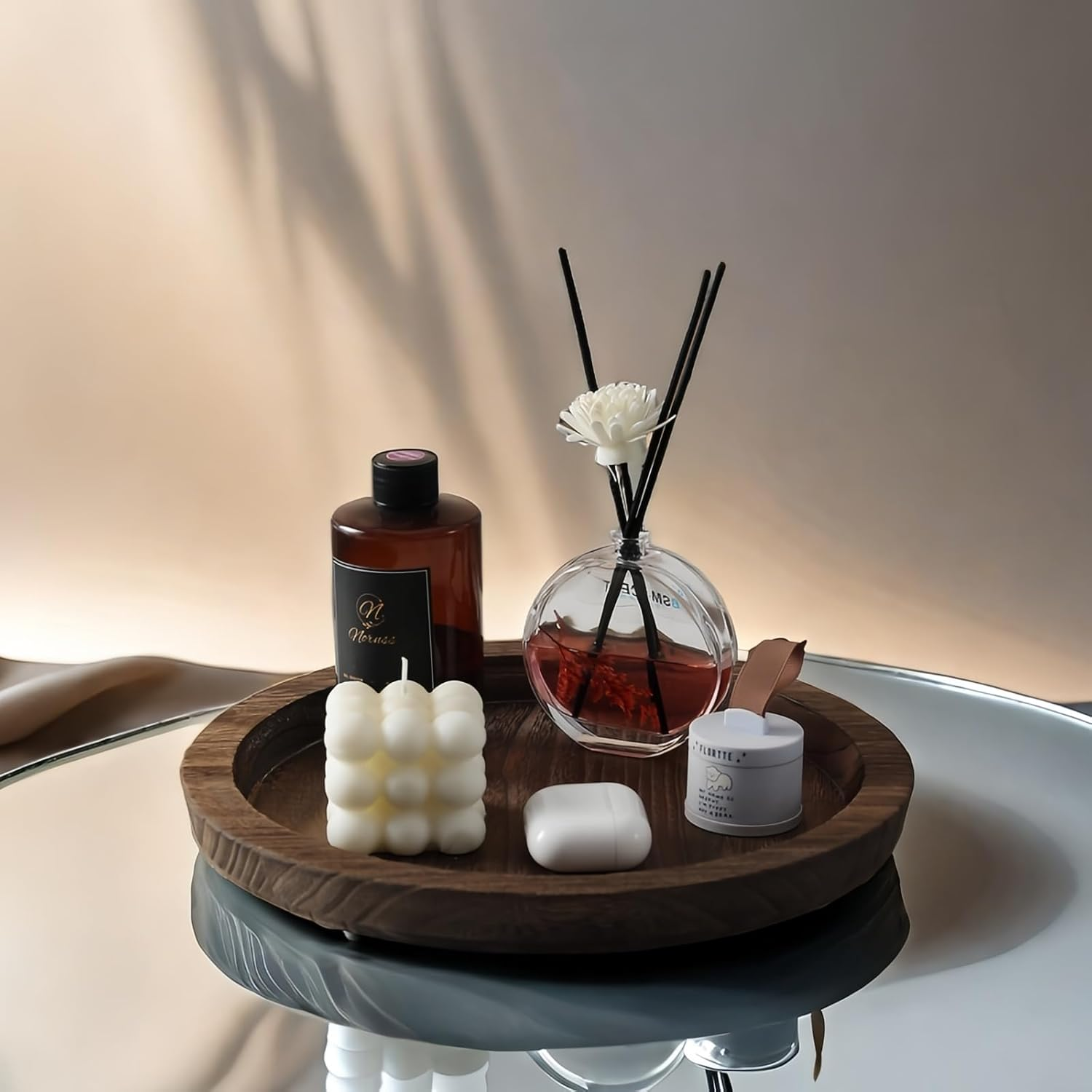 MOOKOMI Set of 2 Rustic round Wooden Tray - Bathroom Tray Countertop, Candle Tray, Table Centerpieces, and round Tray for Home D&eacute;cor (11.2") image number 5