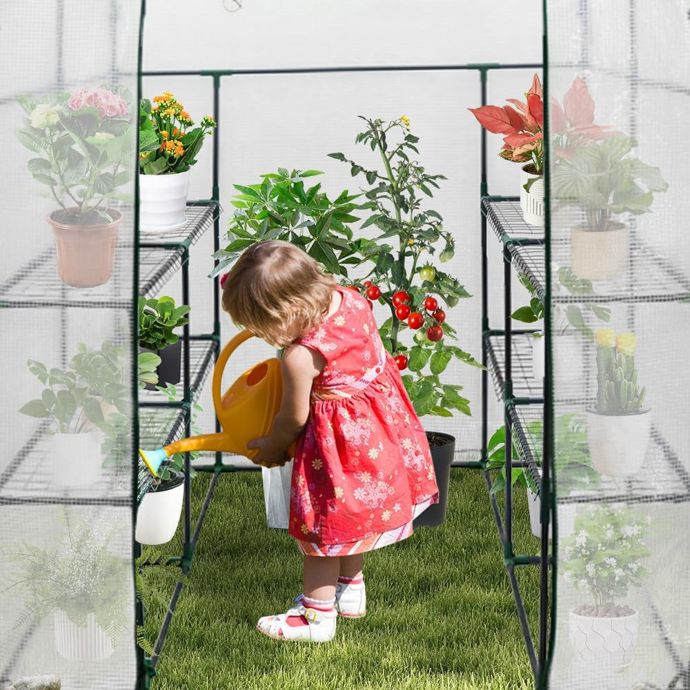 ALSTON Greenhouse Walk-In Tunnel 3 Tier Planting Shelves 143X143X195Cm Strong Stability with PE Cover Roll-Up Zipper Door and Window for Outdoor Vegetable Plants