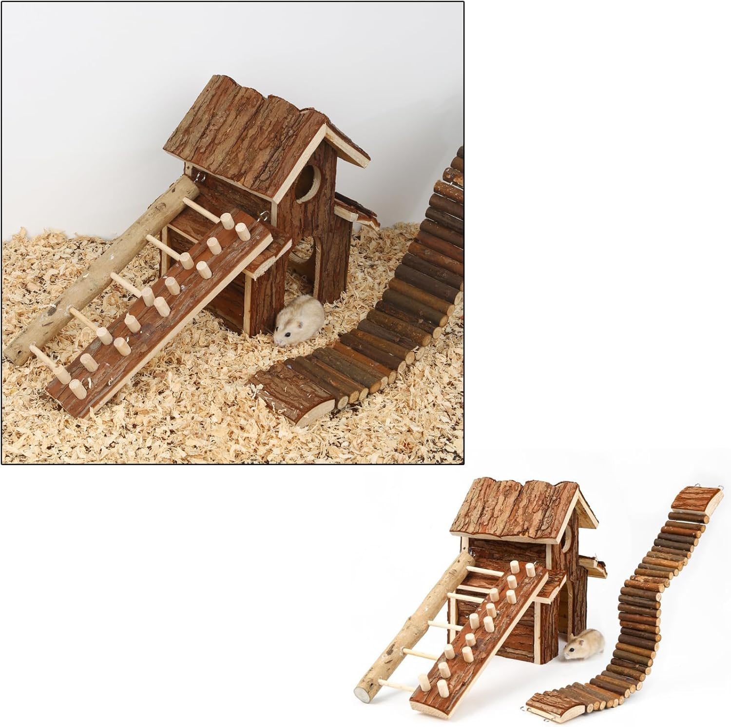 Small Animal Amusement Wooden Villa House Hideouts Playground with Ladder, Fit for Chinchilla, Guinea Pigs, Gerbil, Dwarf Mice, Hedgehog (3 Pcs)
