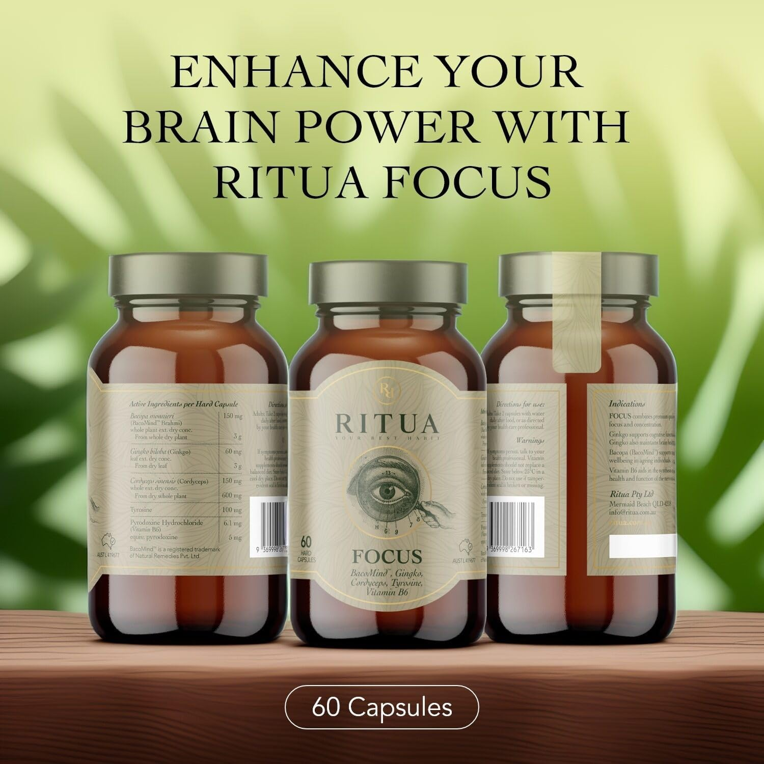 Wellness Nootropic Mushroom Blend with Bacopa, Gingko, Cordyceps & Amino Acids, 60 Capsules for Adults image number 2