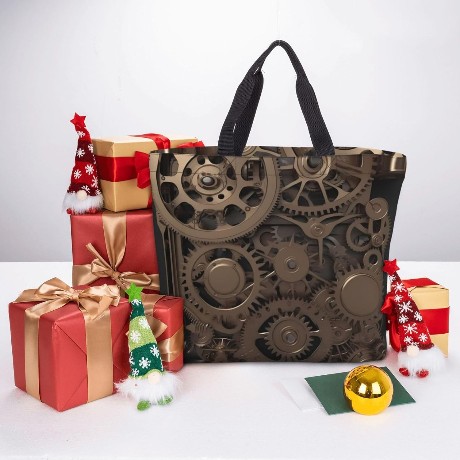 STVYUKL Steampunk Mechanical Gears Tote Bag for Women Casual Portable Shopping Handbags with Zipper Inner Pocket Reusable Waterproof Beach Grocery Bag for Shopping Travel Work, Black, One Size