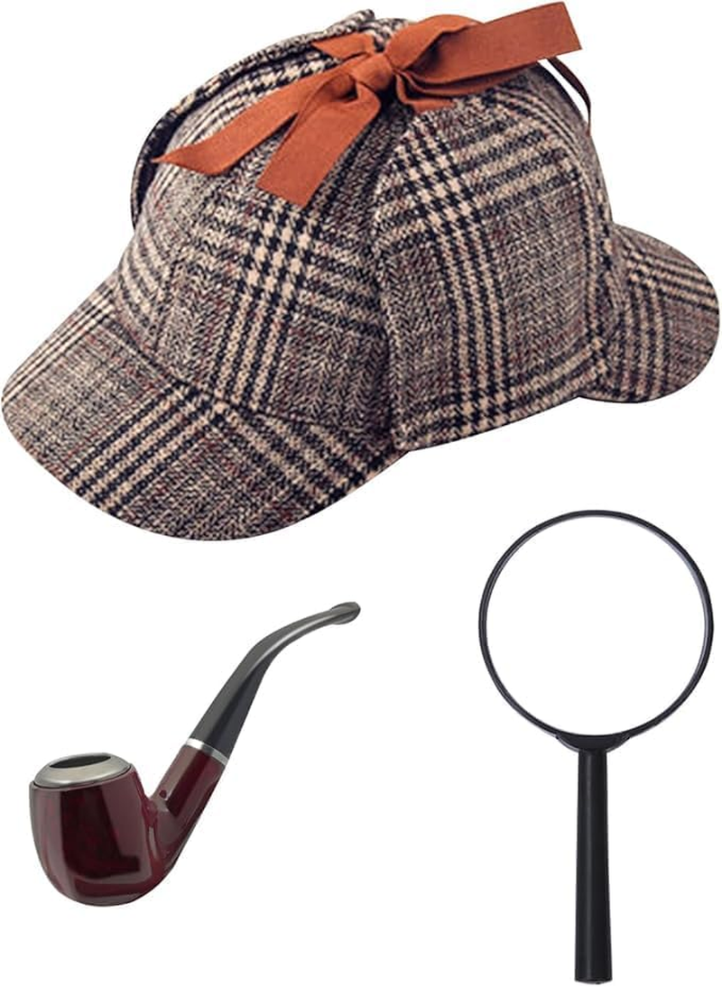 Detective Fancy Dress Accessory Set Magnifying Glass Pipe Deerstalker Hat Victorian Detective Sherlock Costume Kit for Halloween Party Accessories 3 Pcs image number 4
