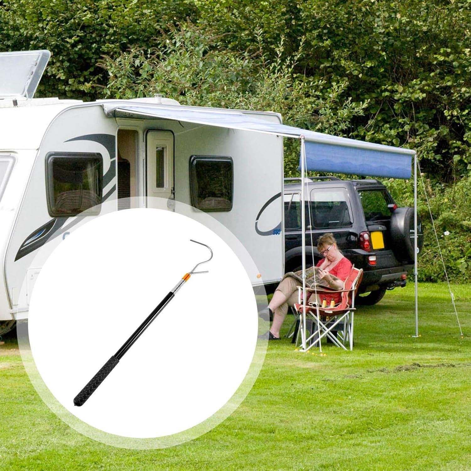 RV Awning Tool, Awning Puller, Tent Shelter Puller Rod, Portable RV Awning Opener Rod with Locking Sections, Extendable 21-63 Inch Stainless Steel Puller for Awnings, Tents, and Shelters image number 2