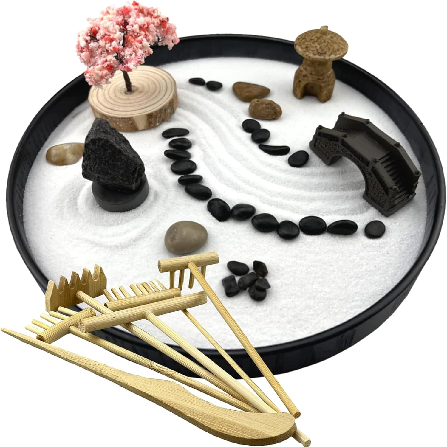 Zen Garden for Desk Japanese Zen Garden Kit, Tray Mini Desktop Zen Decor, Office with Black Wooden Tray, White Sand, Rake Tools Desktop Meditation, Therapy and Accessories (Round) image number 4