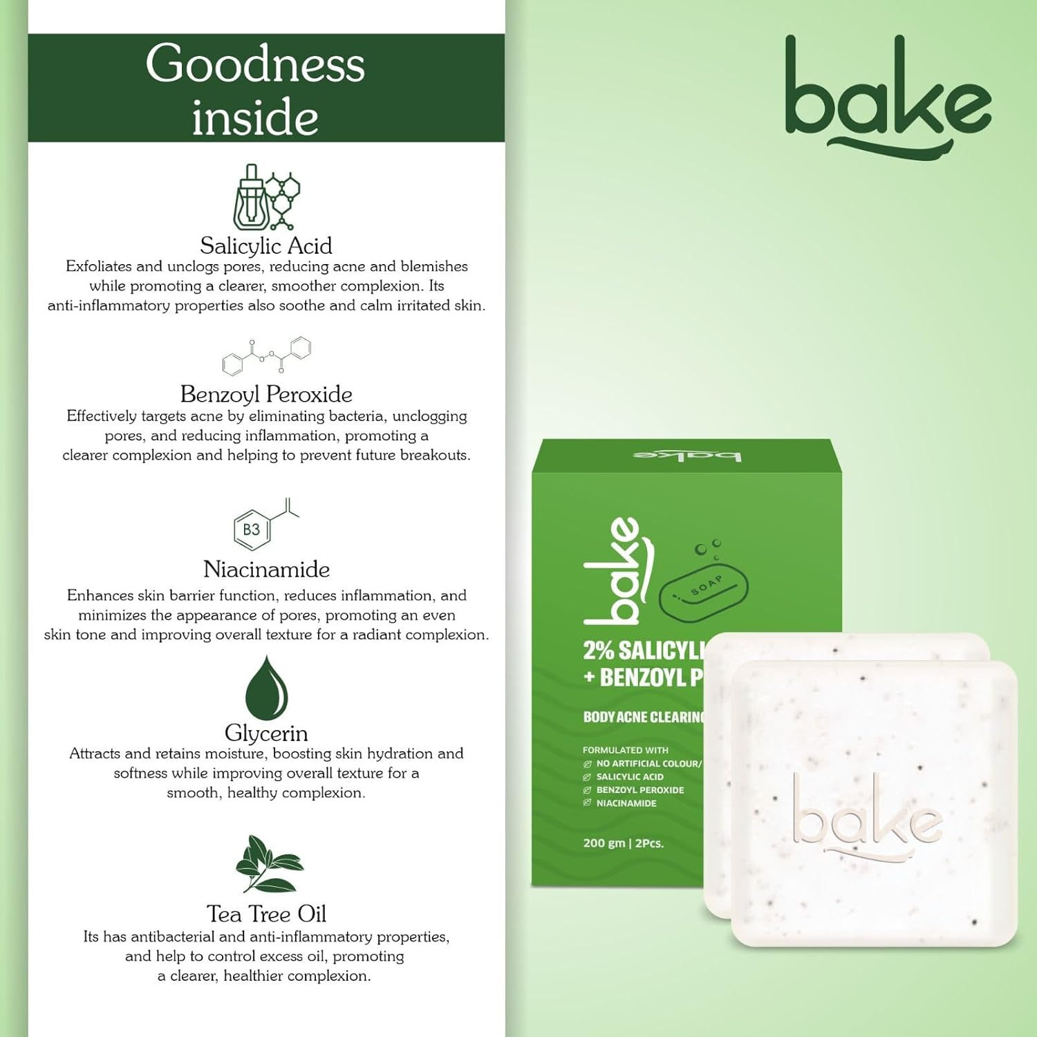BAKE 2% Salicylic Acid Soap (2 Pcs) Scrub Treatment with Niacinamide for Body & Back Acne, Reduces Strawberry Legs | Fades Dark Spots | Non Drying Formula | Soap for Men & Women | 100G X 2 image number 2