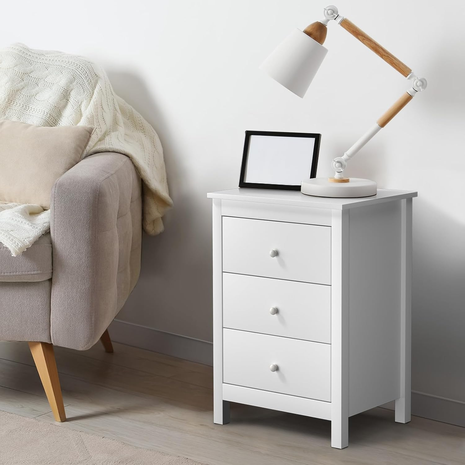 Oikiture White Bedside Table with 3 Drawers Wooden Bed Side Table End Table Nightstand image number 4