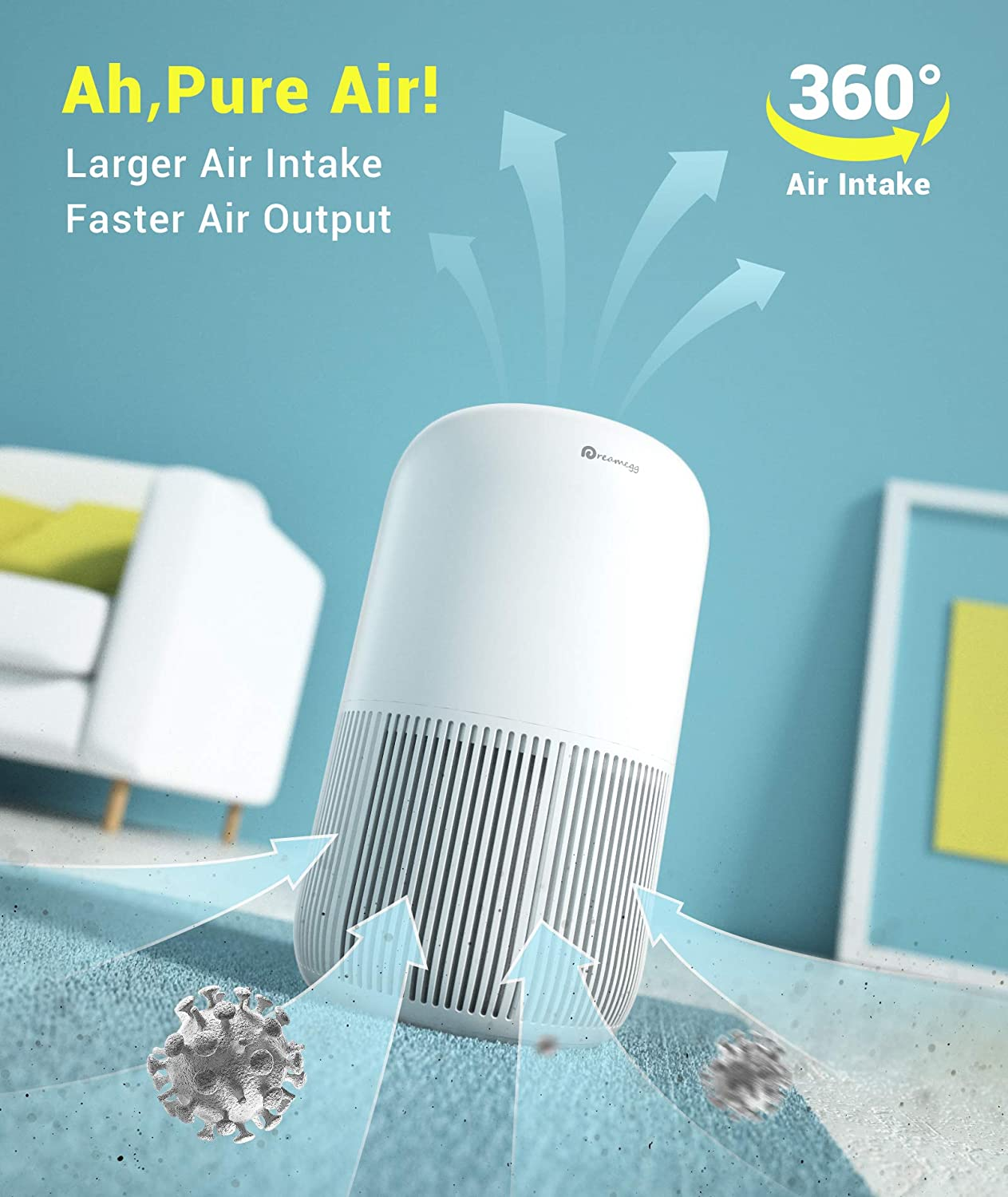 Dreamegg HEPA Air Purifier - Air Purifiers for Bedroom Allergies and Pets, 4-In-1 True HEPA & Activated Carbon Filter, Quiet 360&deg; Air Intake Cleaner with Pet Mode Night Light for Home Smoker Office image number 6