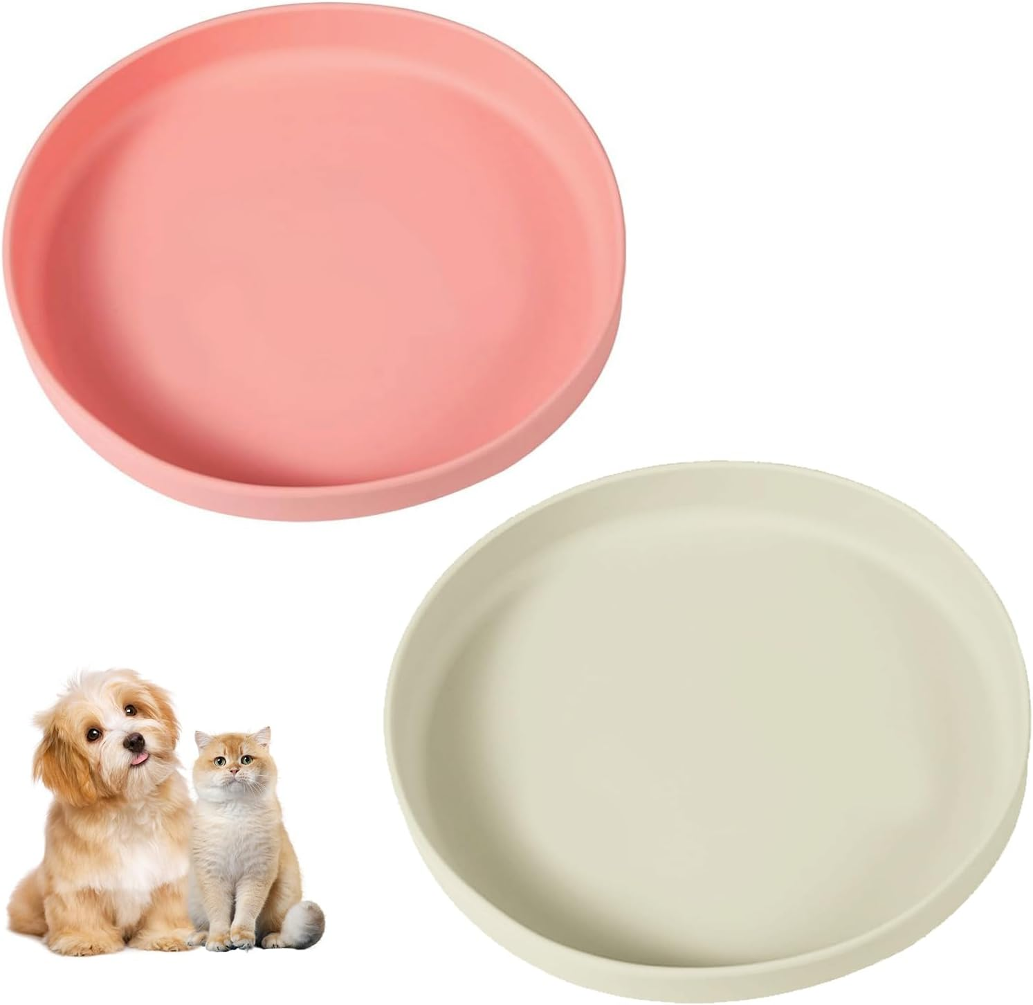 GIGIIS Cat Bowl Flat Silica Gel Pack of 2 Cat Bowls 18 X 16 Cm Feeding Bowl Dog Cat Bowl Flat Oval Cat Bowl for Dry Food and Wet Food - Pink + Grey White