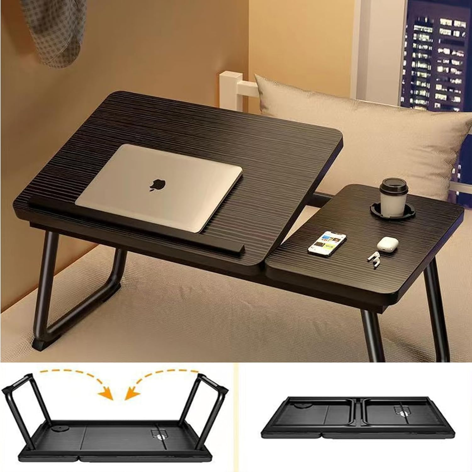 Hbluefat Folding Laptop Desk, 21.5 Inches Wood Breakfast Serving Bed Couch Tray with Adjustable Tilting Top and Cup Holder, Portable Lap Stand for Reading Writing Eating (Walnut) - White image number 7