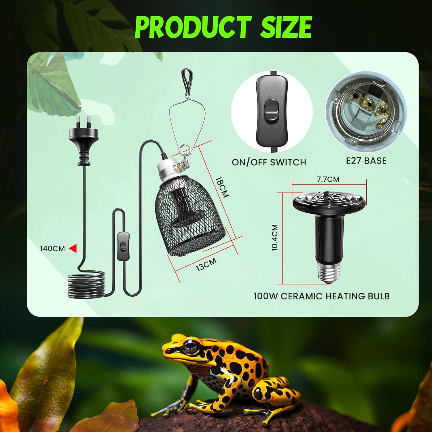 Lamptobe Reptile Heat Lamp Dome Light Fixture 160W, Heat Lamp Holder E27 with 1 Ceramic Heat Bulb 100W, Anti-Hot Tortoise Heat Lamp with Clip for Puppies, Chicks, Bearded Dragon, Lizard, Tortoise image number 4