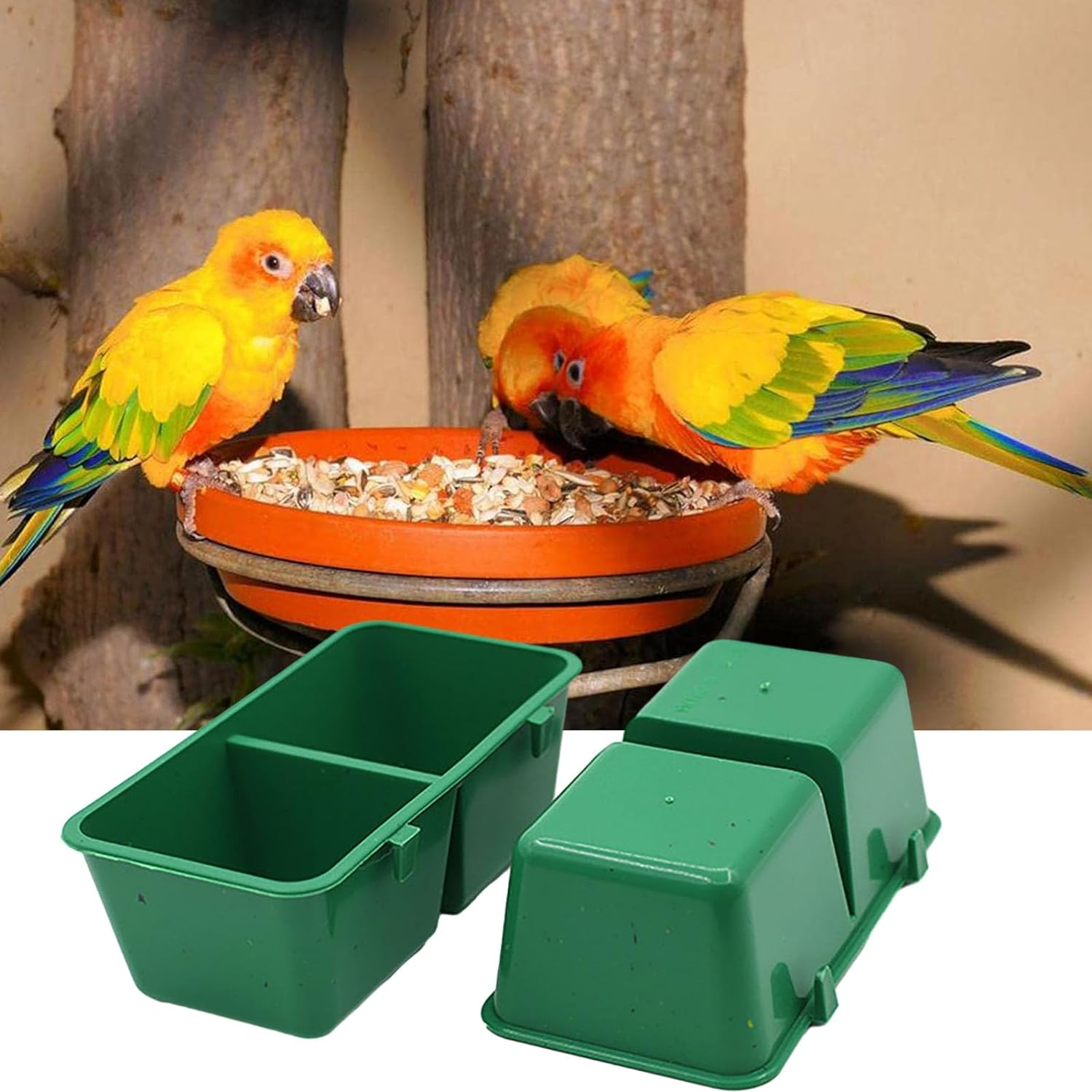 No Mess Bird Feeder Upgraded - 2 in 1 Parrot Cage Food and Water Bowl - Double Groove Bird Food Bowl for Cage for Hold Food, Water Universal Conjoined Food Box image number 3