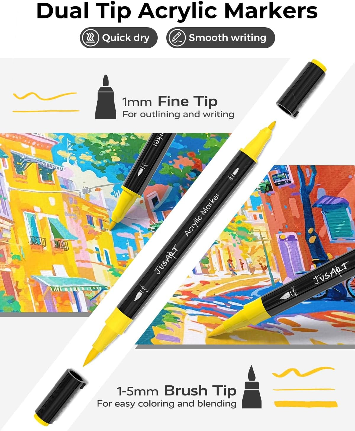 Jusart 48 Colors Dual Tip Acrylic Paint Pens Markers, Brush and Fine Tip, Premium Paint Pens for Wood, Canvas, Egg, Stone, Fabric, Rocks, Metal, Glass, Ceramic, DIY Crafts Making Art Supplies Gifts - 48 Colors image number 4