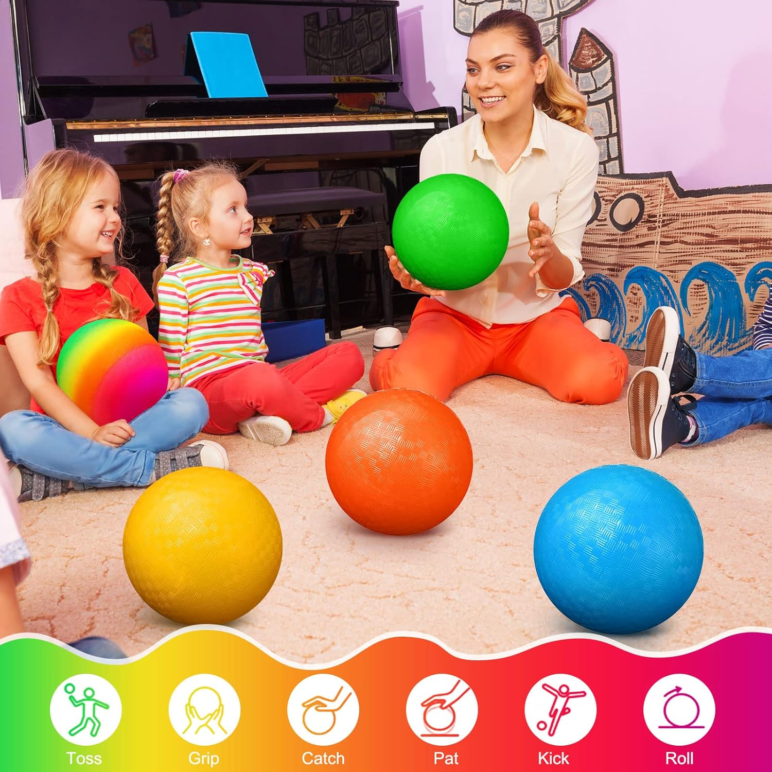 12 Pack Rainbow Playground Balls Kickballs Dodgeball 8.5 Inch Rainbow Kick Balls Inflatable Hand Ball Bouncy Balls Handball Dodge Ball with Hand Pump for Indoor Outdoor Schoolyard - Rainbow image number 6