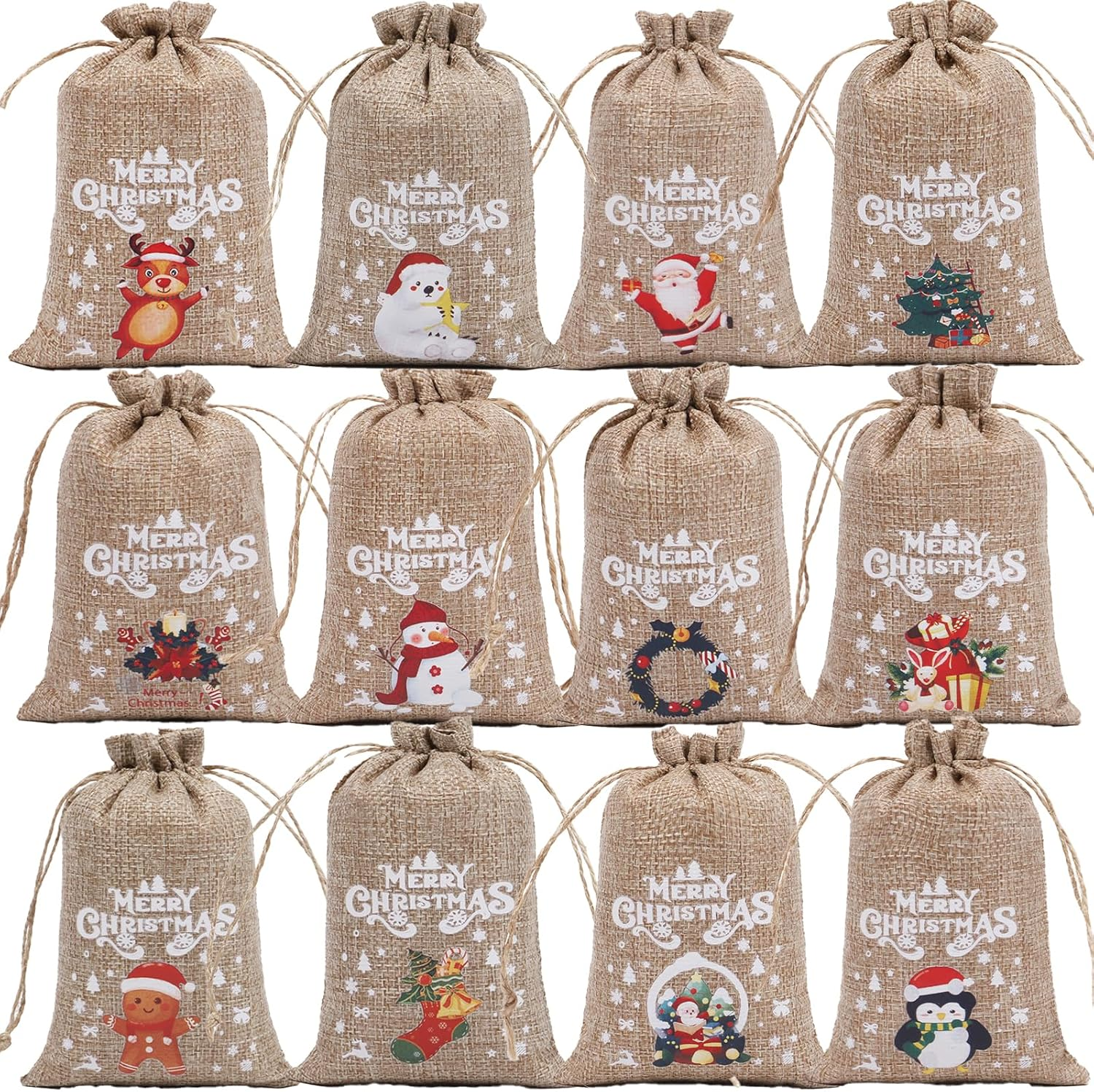12 Pack Christmas Linen Bags, 10 X 15 Cm Bags, Candy Goodie Treat Bags, Drawstrings Burlap Bags for X&lsquo;Mas Party, Reusable Wrapping Bags (12 DESIGNS)