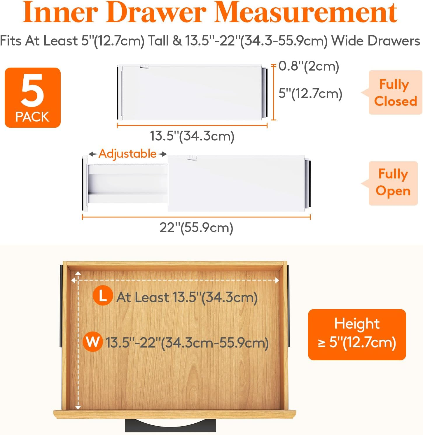 Lifewit 5 Pack Drawer Dividers Plastic 5" High, 13.5-22" Adjustable Drawer Organizers for Clothes, Expandable Dresser Separators in Bedroom/Bathroom/Kitchen/Fridge/Office Organization and Storage image number 3