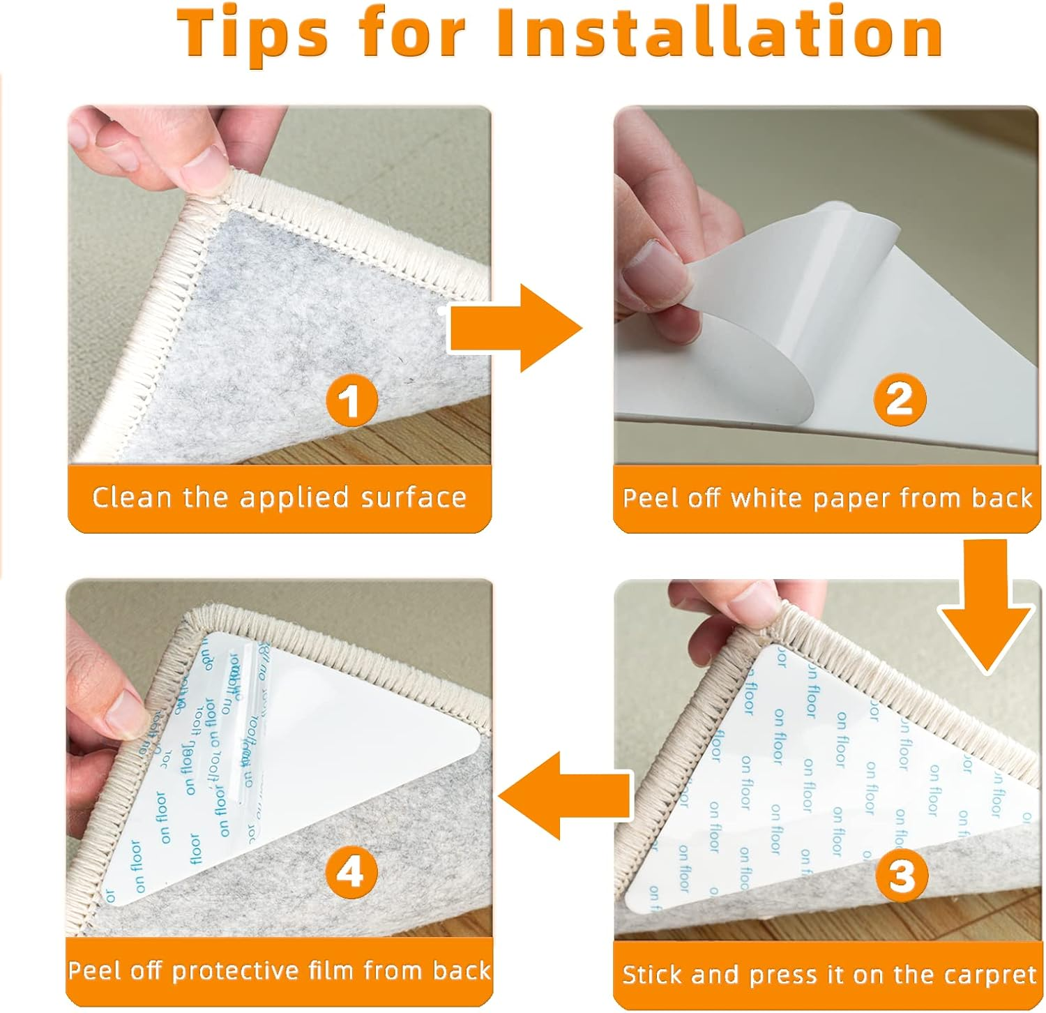 Carpet Tape, 12 Pcs Non Slip Rug Tape for Hardwood Floors and Tiles, Reusable and Washable Rug Pad Gripper for Area Rugs, Dual Sided Adhesive Rug Grip Keep Corners Flat image number 3