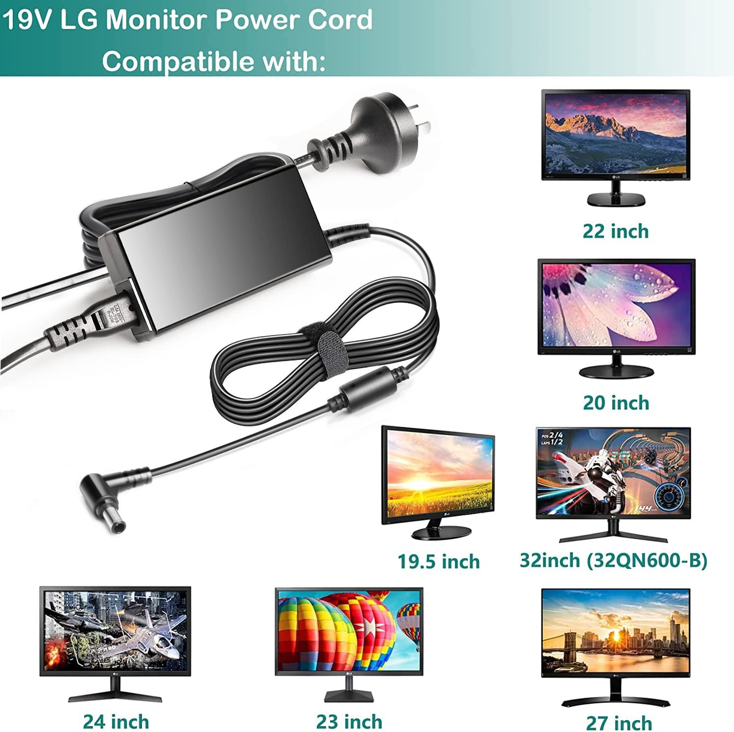 KFD &lrm;24MK430H-B 19V AC Adapter for LG Electronics 19" 20" 22" 23" 24" 27" 29" 32" 34" LED LCD 4K UHD Monitor 32UD99 34UM69G-B 29UM65 22M37D ADS-40FSG LG PH450UG Projector Samsung Monitor Charger image number 2