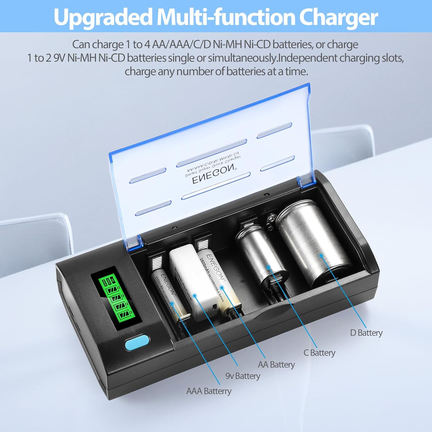 ENEGON Smart Multi-Function Fast Battery Charger for AA AAA C D 9V Rechargeable Batteries with Micro-Usb and USB-C Input, LCD Display (Ni-Mh Ni-Cd Rechargeable Battery) image number 2