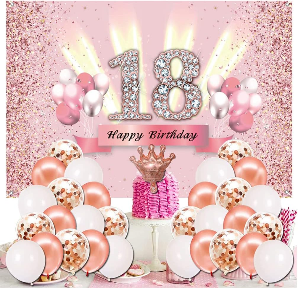 18Th Birthday Decorations for Girls 18 Years Old Anniversary Party Fabric Sign Poster Pink Photo Background 18Th Birthday Party Supplies, 59"X35.4" image number 1