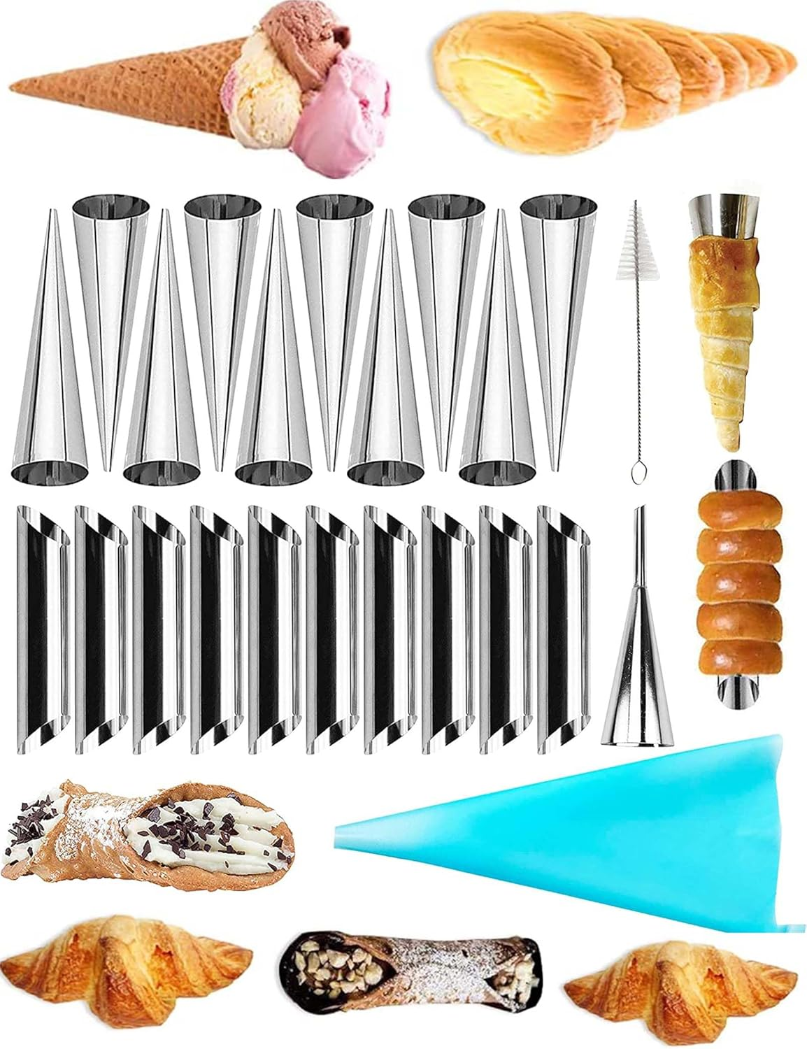 23PCS Cannoli Tubes Set, Spiral Tube Baking Tool, Stainless Steel Cream Horn Molds, Rotary Croissant Pastry Mold Non-Stick Danish Pastry Molds for Cream Roll Baking Cookie Dough (23) image number 6