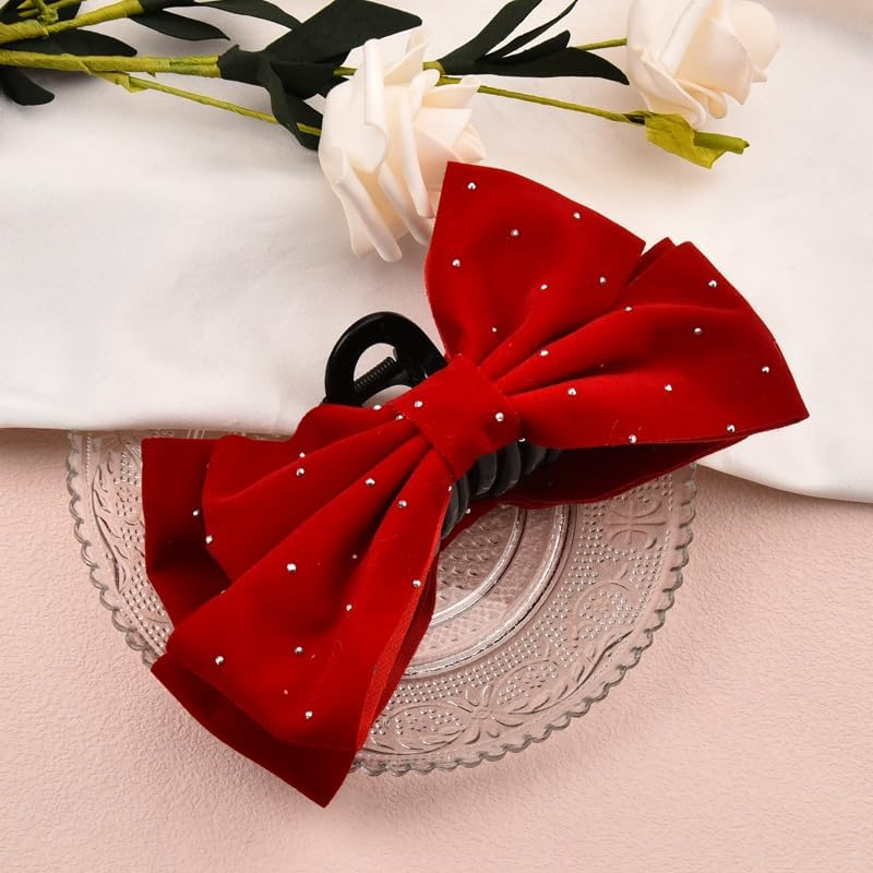 Large Bow Hair Claw Clip for Girls Velvet Red Hair Bows with Rhinestones Big Claw Clips for Thick Long Hair Bowknot Hair Accessories for Women Party Prom Jaw Clips Nonslip Hair Clamp for Styling image number 4