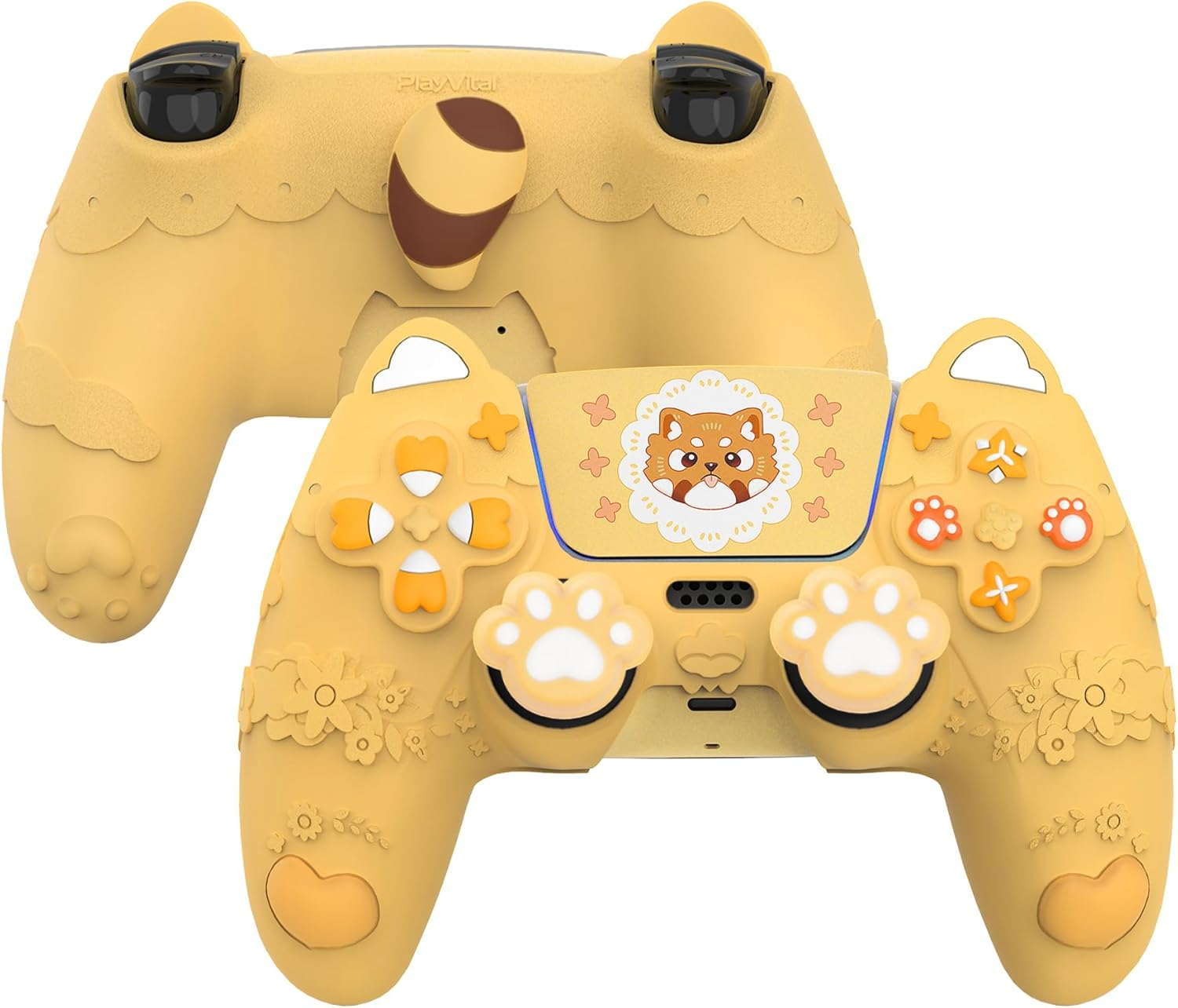 Playvital Cute Spring Lesser Panda Silicone Cover for Ps5 Controller with Joystick Cap and Sticker, Anti-Grip Shockproof Skin, Compatible with Charging Station, Warm Yellow image number 6