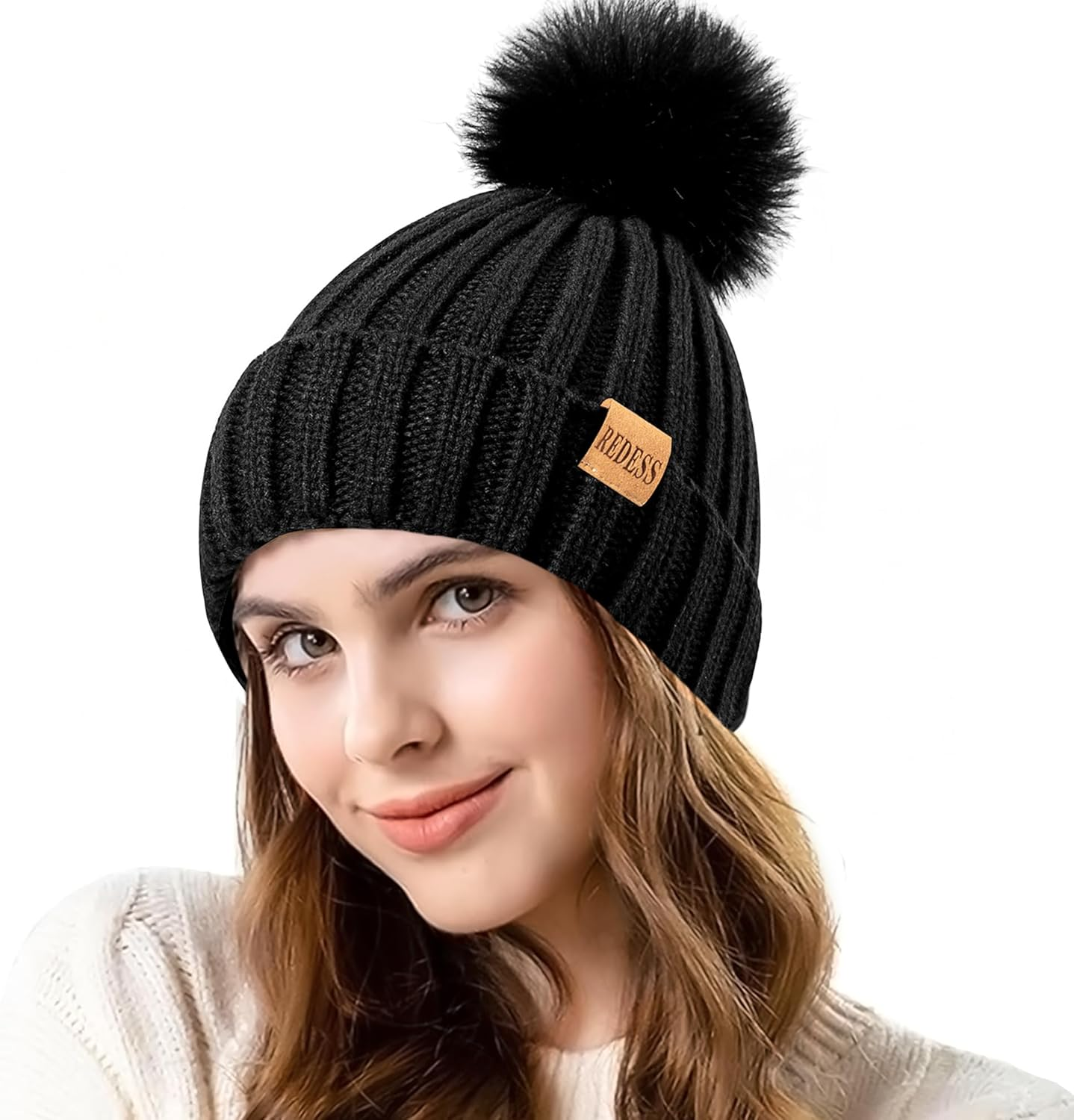 REDESS Womens Winter Knitted Beanie Hat Warm Fleece Lined with Pompom Cap Thick Slouchy Snow Knit Skull Ski Cap