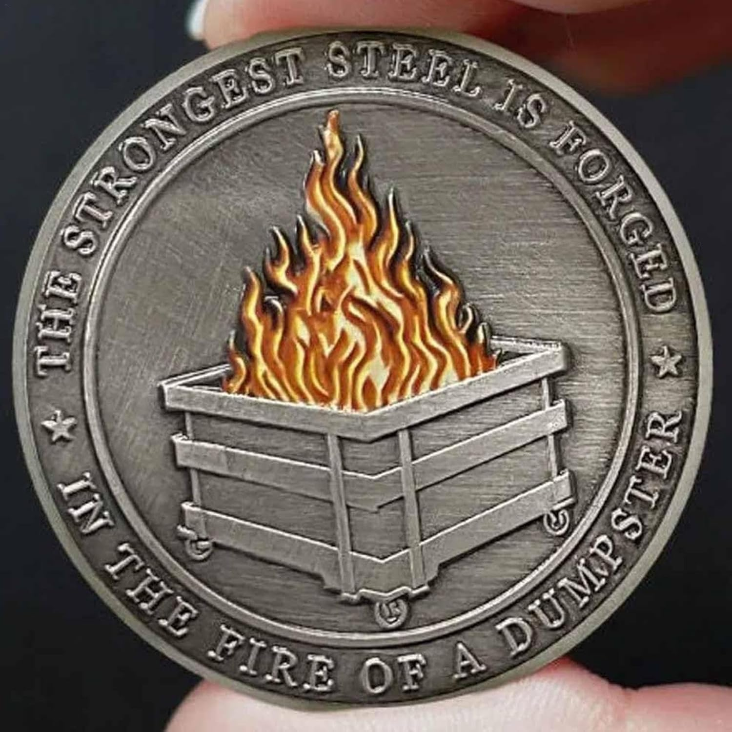 Dumpster Fire Challenge Coin, Strongest Steel Is Forged in a Dumpster Coin, the Fire of Dumpster Coin, Dumpster Fire Desk Coin Accessories, Encouragement Challenge Coin Motivational Prop for Women Men image number 4