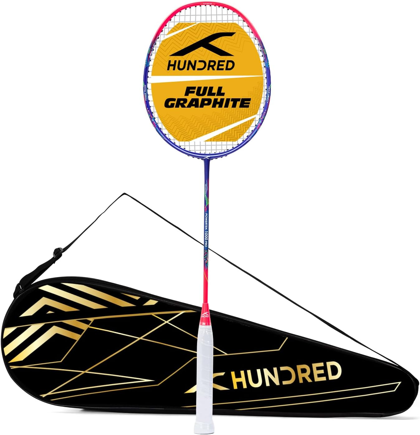 HUNDRED Powertek 1000 PRO Graphite Strung Badminton Racket with Full Racket Cover - Navy/Orange image number 5