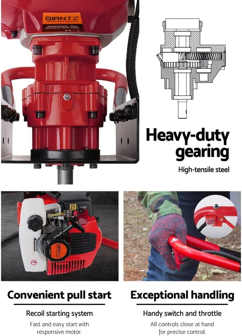 Giantz Post Hole Digger 65Cc Garden Auger Ground Drill Bit Set Power Tools Hand Tool Gardening Accessories Gifts for Seedlings, Flowers Plant Fence Extension, 3M Depth 100/200/300Mm Diameter