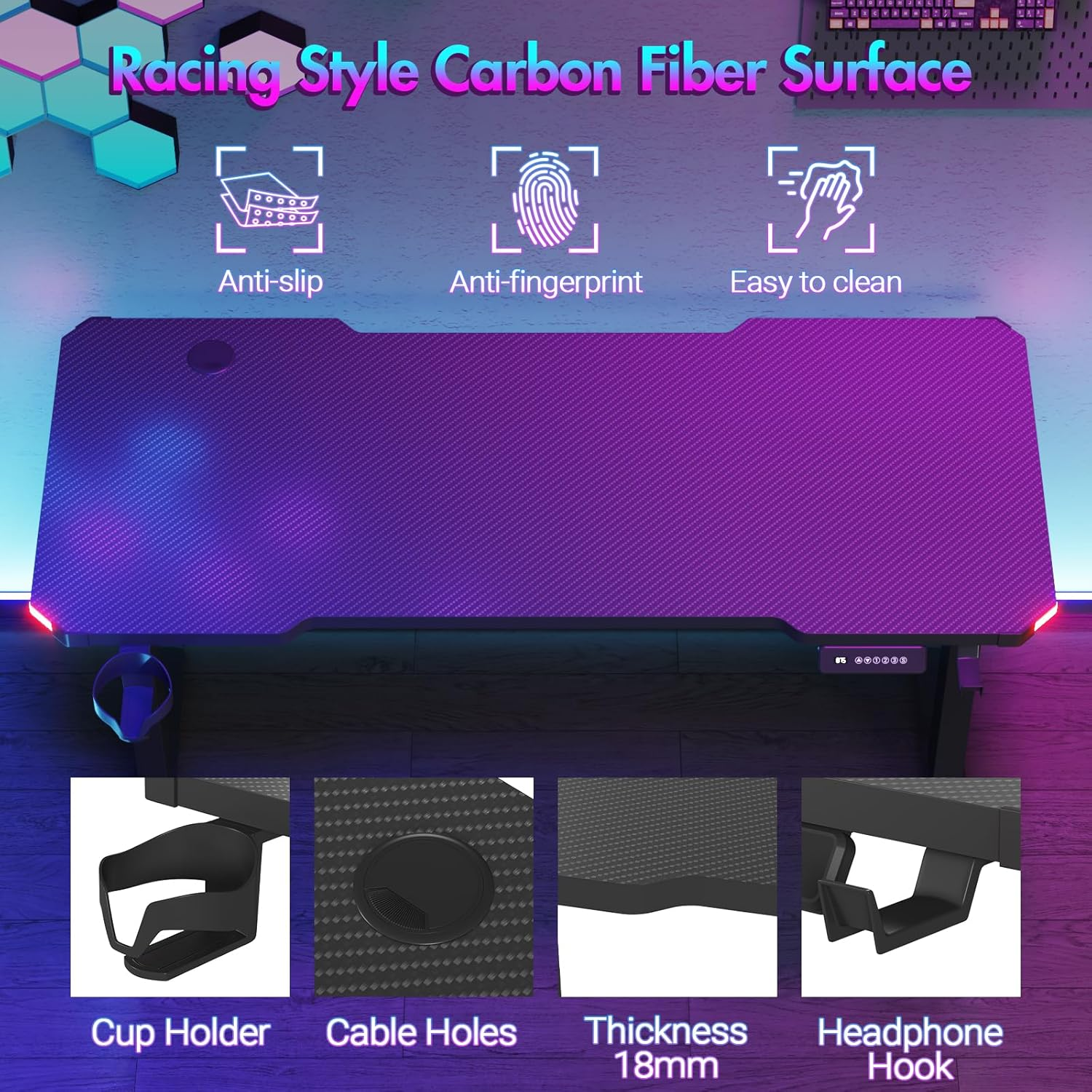 Advwin Electric Standing Desk, Gaming Desk RGB LED, Carbon Fiber Desktop Ergonomic Sit Stand Desk with Height Adjustable and Smart Memory Preset, Computer Workstations for Home & Office, Black, 140Cm image number 2