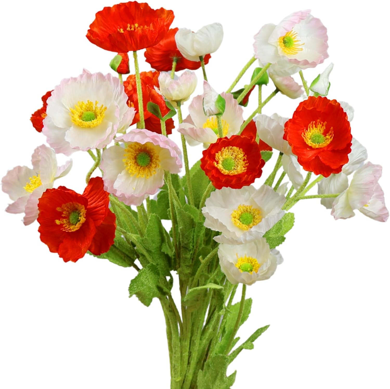 Artificial Flowers Poppy Silk Flowers with Stems, Faux Poppy Flowers Real Touch Decor Plants Realistic Bouquet for Home Kitchen Wedding Office Centerpiece Decorations (Orange Red)