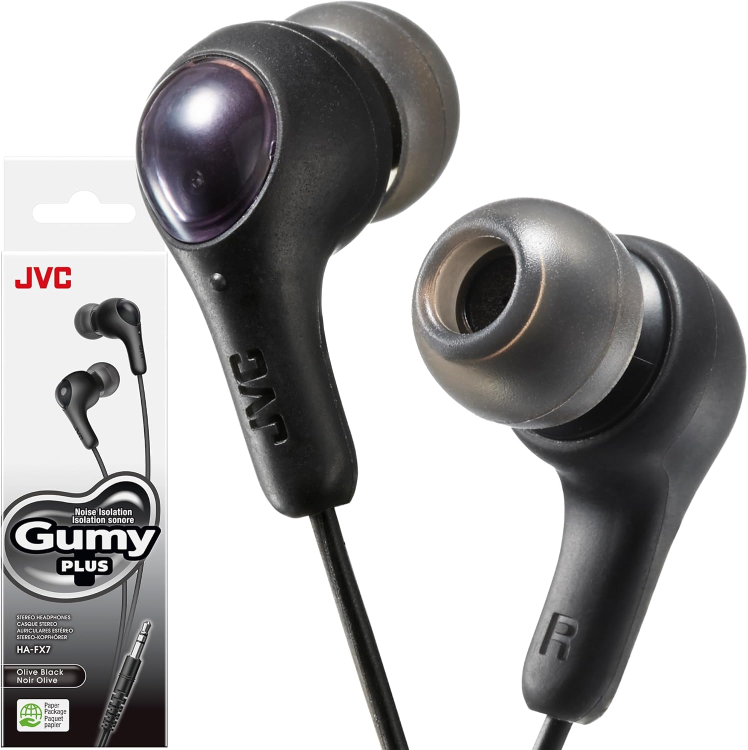 JVC Gumy in Ear Earbud Headphones with Paper Package, Powerful Sound, Comfortable and Secure Fit, Silicone Ear Pieces S/M/L - HAFX7BN (Black)