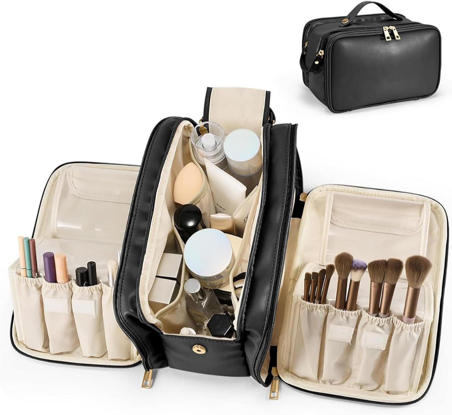 Large Makeup Bag, Portable Travel Makeup Bag Organizer,Women'S Large Capacity Cosmetic Organizer Waterproof Storage Toiletry Bags Vertical Free-Standing Brush Holder & Two Side Pockets (Black)