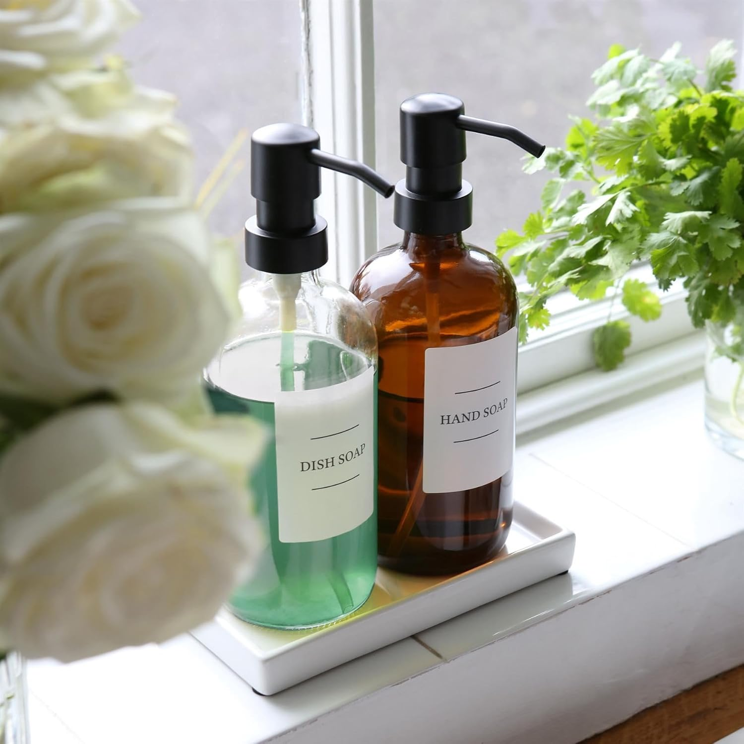 Harbour Housewares Glass Soap Dispensers with Labels - Amber/White - 2 Pack - 500Ml Refillable Soap Dispensers Hand and Dish Liquid Pump for Bathroom, Kitchen, Laundry Room