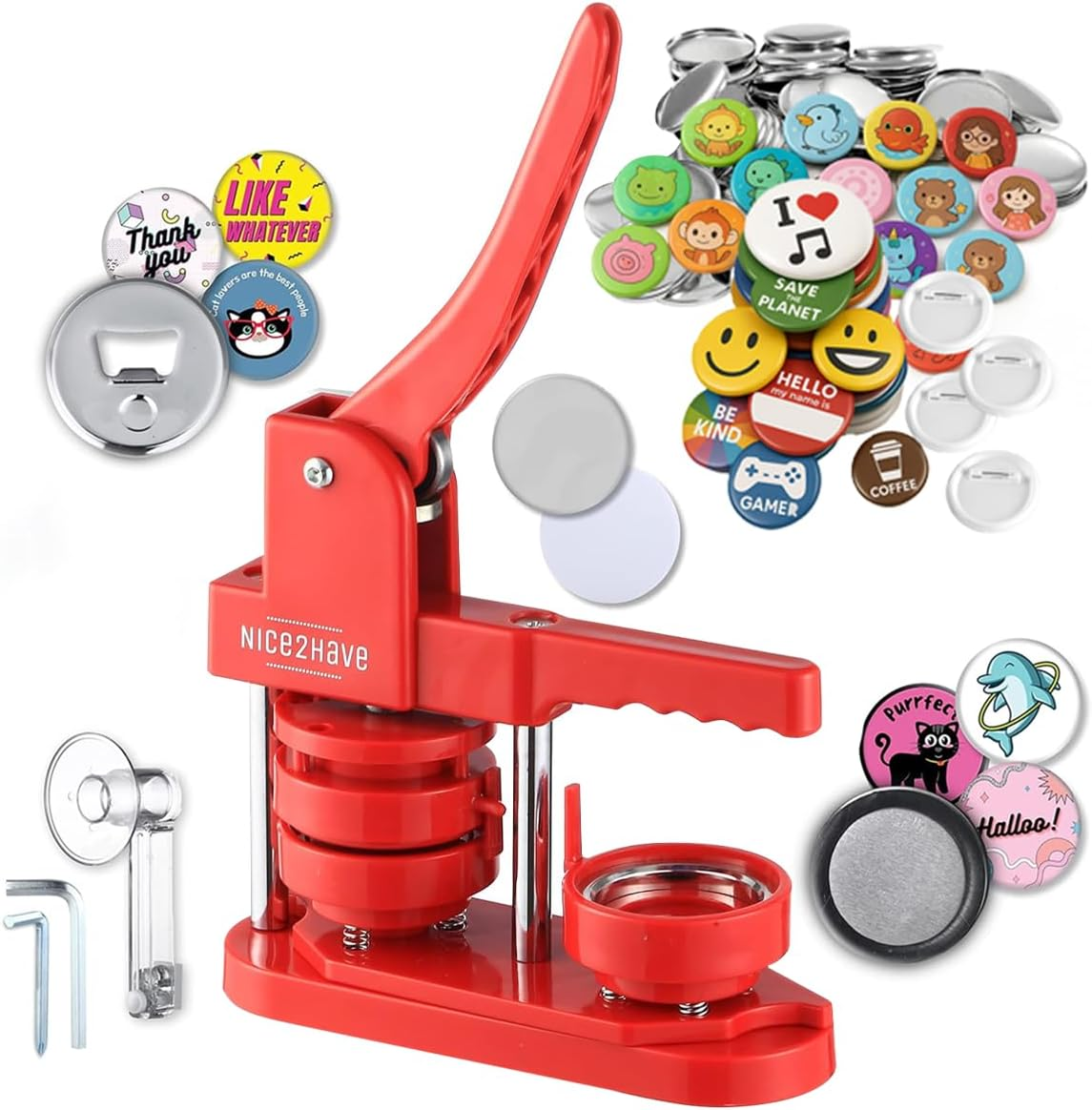 Nice2Have Button Maker Machine Multiple Sizes 25-32-58Mm - (500 Buttons,15 Bottle Openers,15 Fridge Magnets,15 Keychain Buttons, 500+ Free Designs,3 Circle Cutters) - Pin Maker Machine