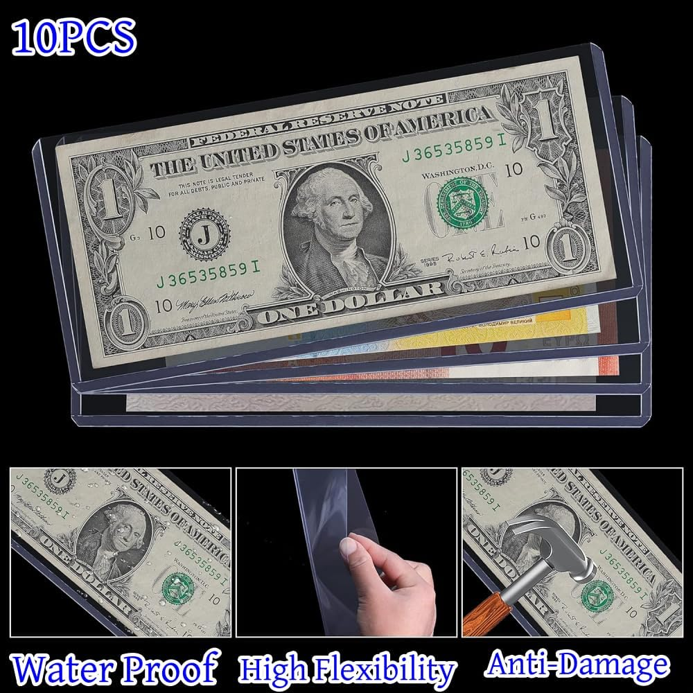 10PCS Bill Clear Holders, PVC Currency Display Sleeves Clear Paper Money Collection Supplies Pages Protect Page for Money Collection, Currency Protect, Regular Bills Protector Case (6.9 X 2.95 Inch)