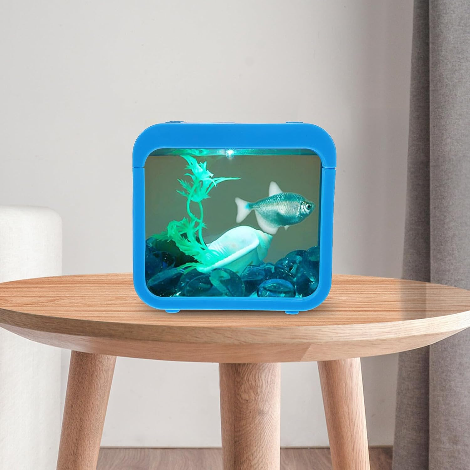 UTHCLO Mini Plastic Fish Tank with Light, Detachable Small Aquarium Breeder Box for Desktop Landscaping, Blue Compact Fish Bowl for Aquatic Pets in Home or Office