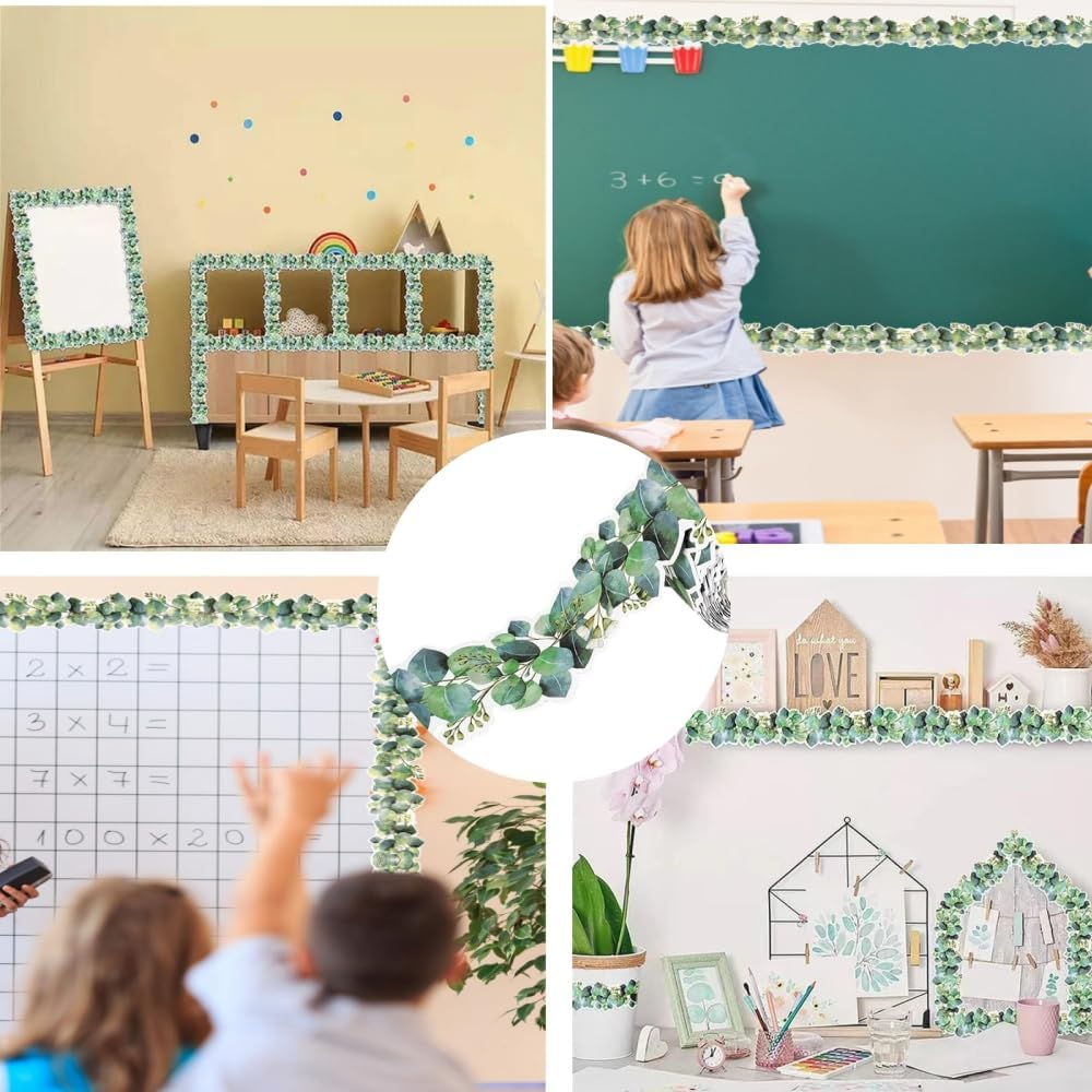 Naisfei Eucalyptus Border Bulletin Board, Eucalyptus Die Cut Border Green Leaves Bulletin Border Trim for Photo Wall Home and School Decorations(49 Ft/15 M) image number 1