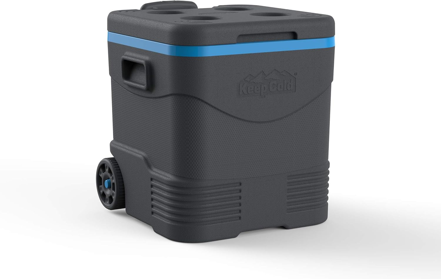 Duramax Trolley Ice Box, Cooler on Wheels, High Performance Cool Box with PU Insulation, Side Handles with Secure Lid Locking & Cup Holders on Lid, Anthracite & Blue