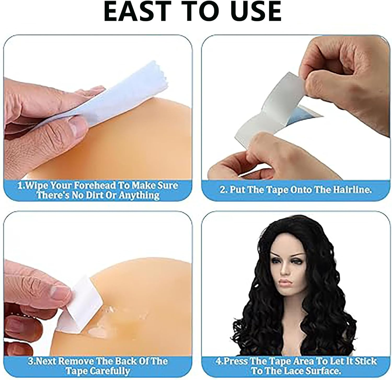 SYGELER Professional Wig Adhesive Tape 36Pcs - Medical Grade Double-Sided Lace Tape with Ultra Hold (72Hrs), Waterproof & Sweat-Proof for Wigs/Hair Extensions, Sensitive Skin Safe (Translucent Blue) image number 4