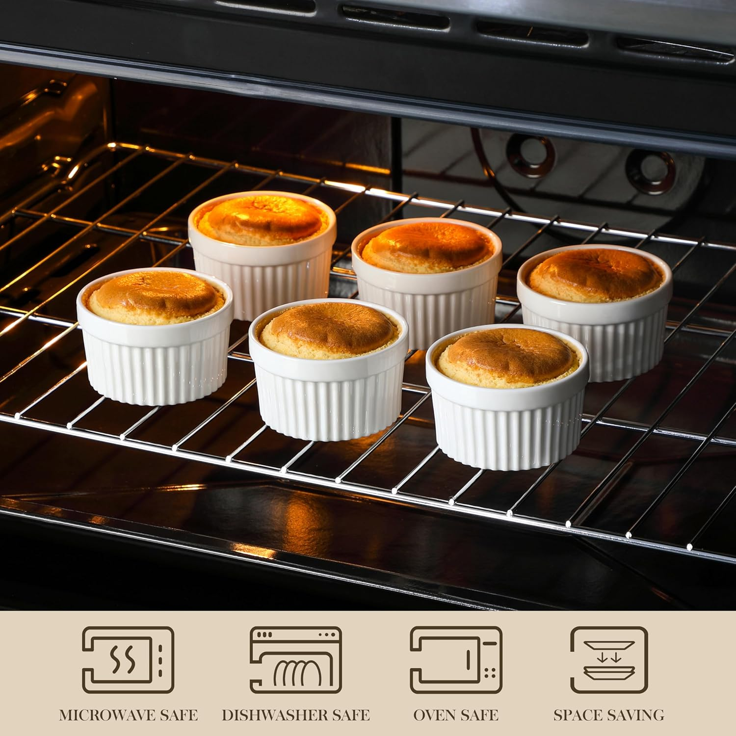 MALACASA Ramekins 6 Oz Oven Safe, Porcelain Creme Brulee Ramekins Pudding Custard Cups Small Ceramic Souffle Dishes Ramakan Ramiken Ramicans Baking Bowls Set of 6, White, Series RAMEKIN-DISH
