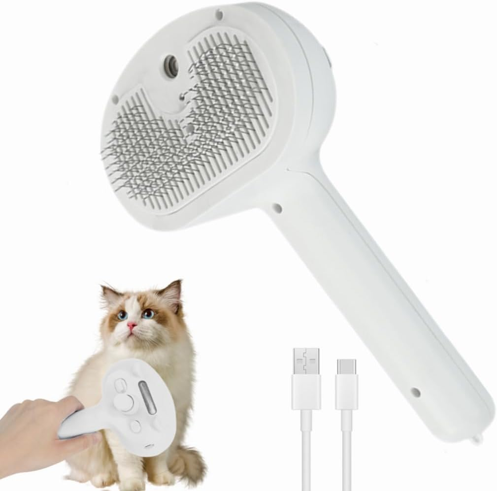 CEWROM Cat Brush with Steam, 3-In-1 Steam Brush Cat, Antistatic Knot-Resistant Hair Removal, Pet Brush, Self-Cleaning One Button with Water Tank, Cat Care Brush for Long Hair, Short Hair, White image number 1