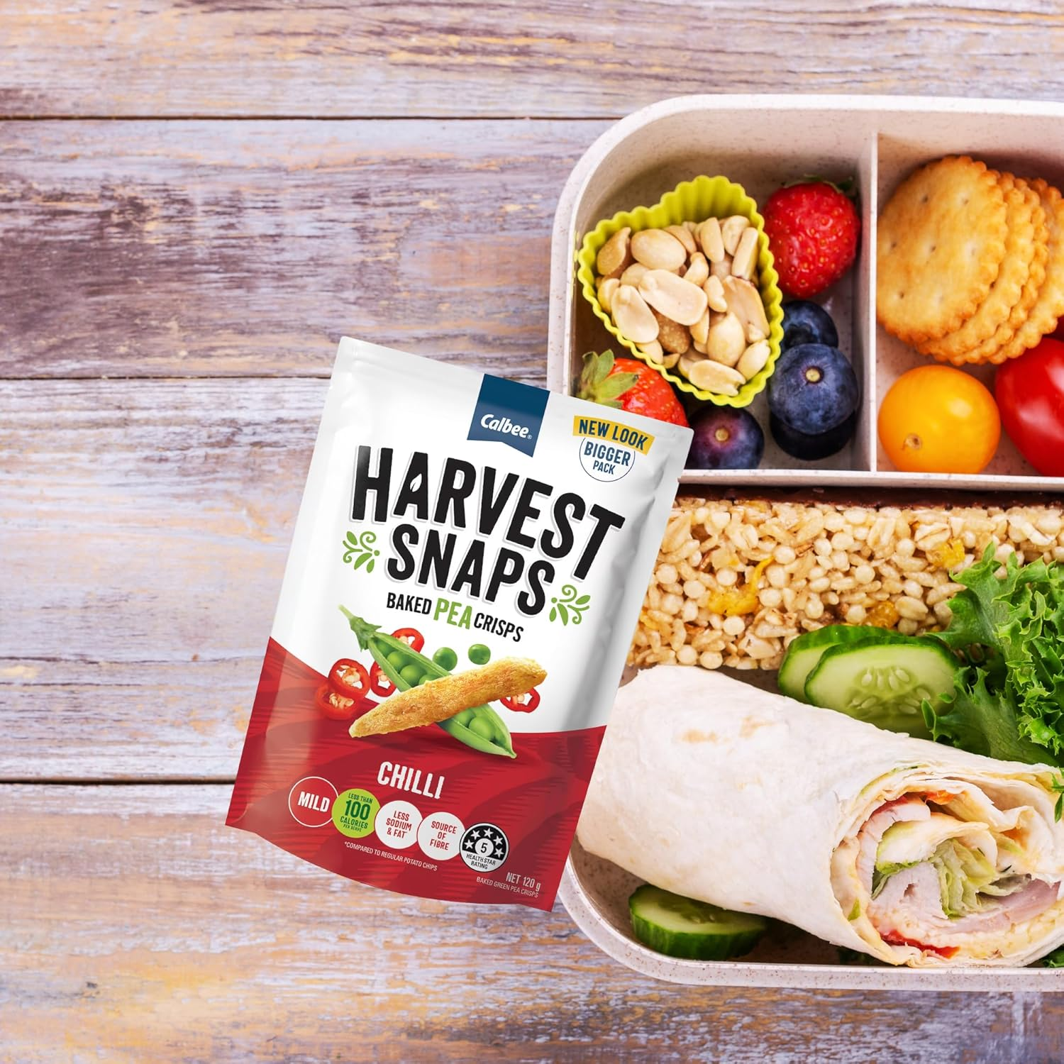 Calbee Harvest Snaps Baked Pea Crisps Chilli Flavour 120G X 2 Packs