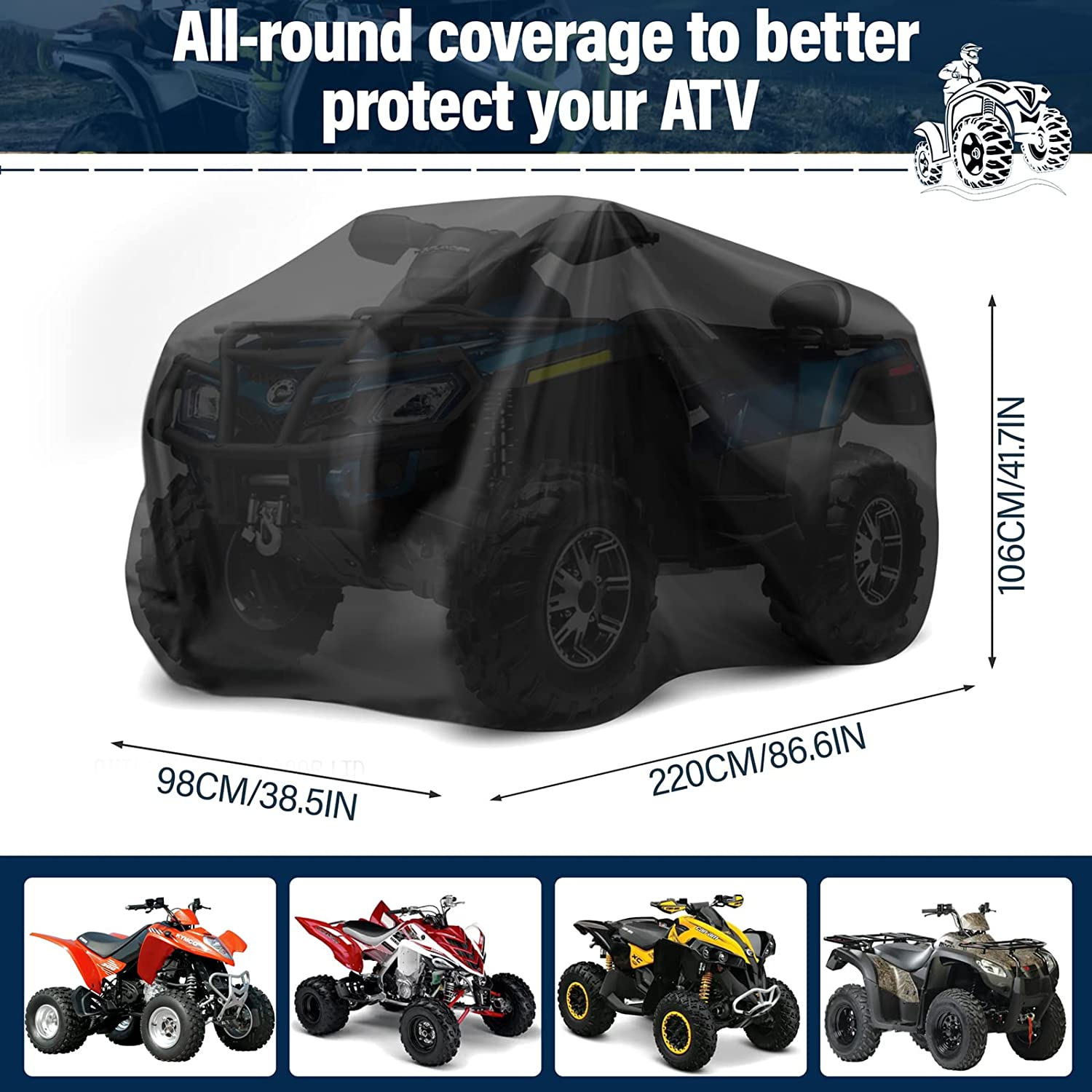 ATV Cover Waterproof, Heavy Duty Windproof Quad Covers, All Weather Protection 4 Wheeler Covers Fit for Kawasaki, Honda, Polaris, Yamaha, 86'' (Black, XXL) image number 6