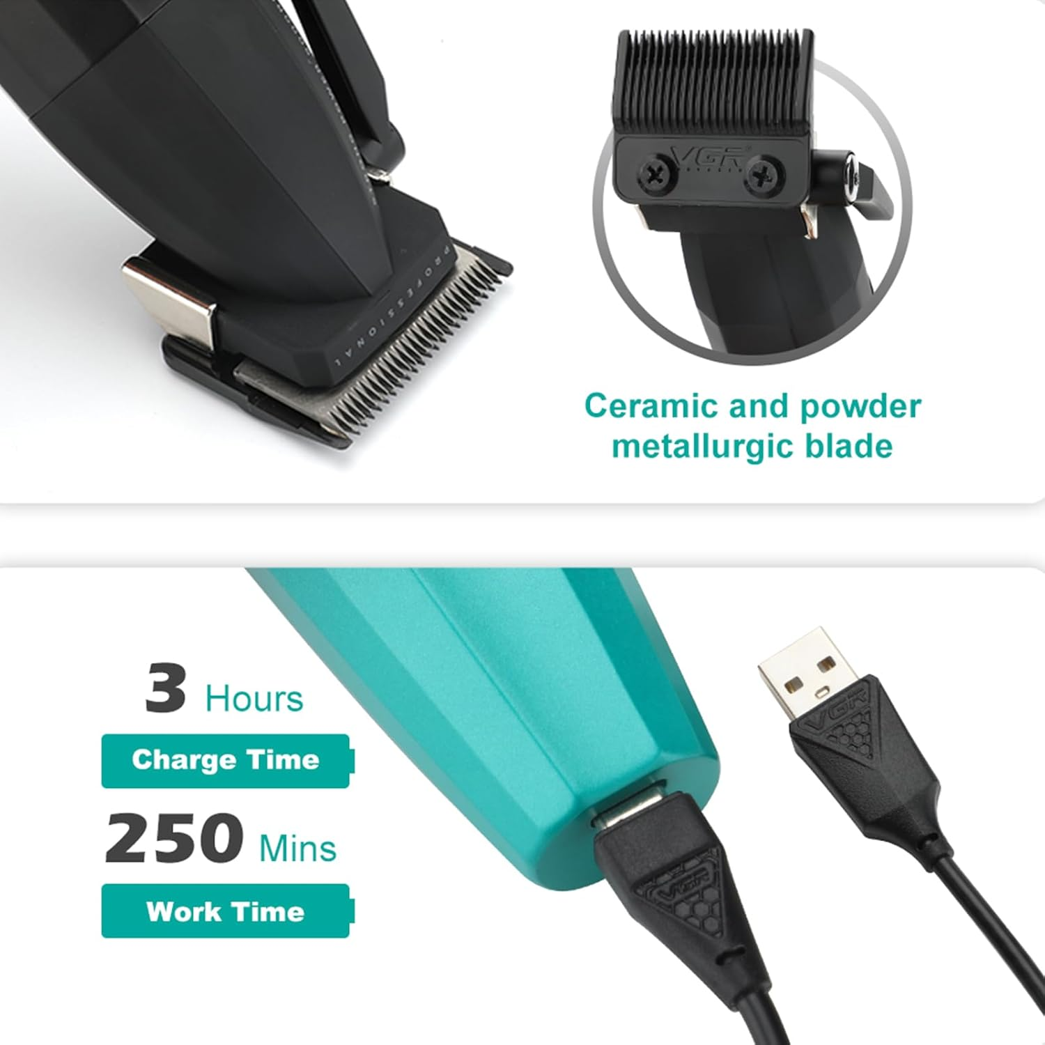 VGR 003 Fresh Fade Hair Clipper, Professional Hair Trimmer, Cord/Cordless Rechargeable Hair Cutting Tools with LED Display, 9000 RPM Barber Clippers, Green image number 2