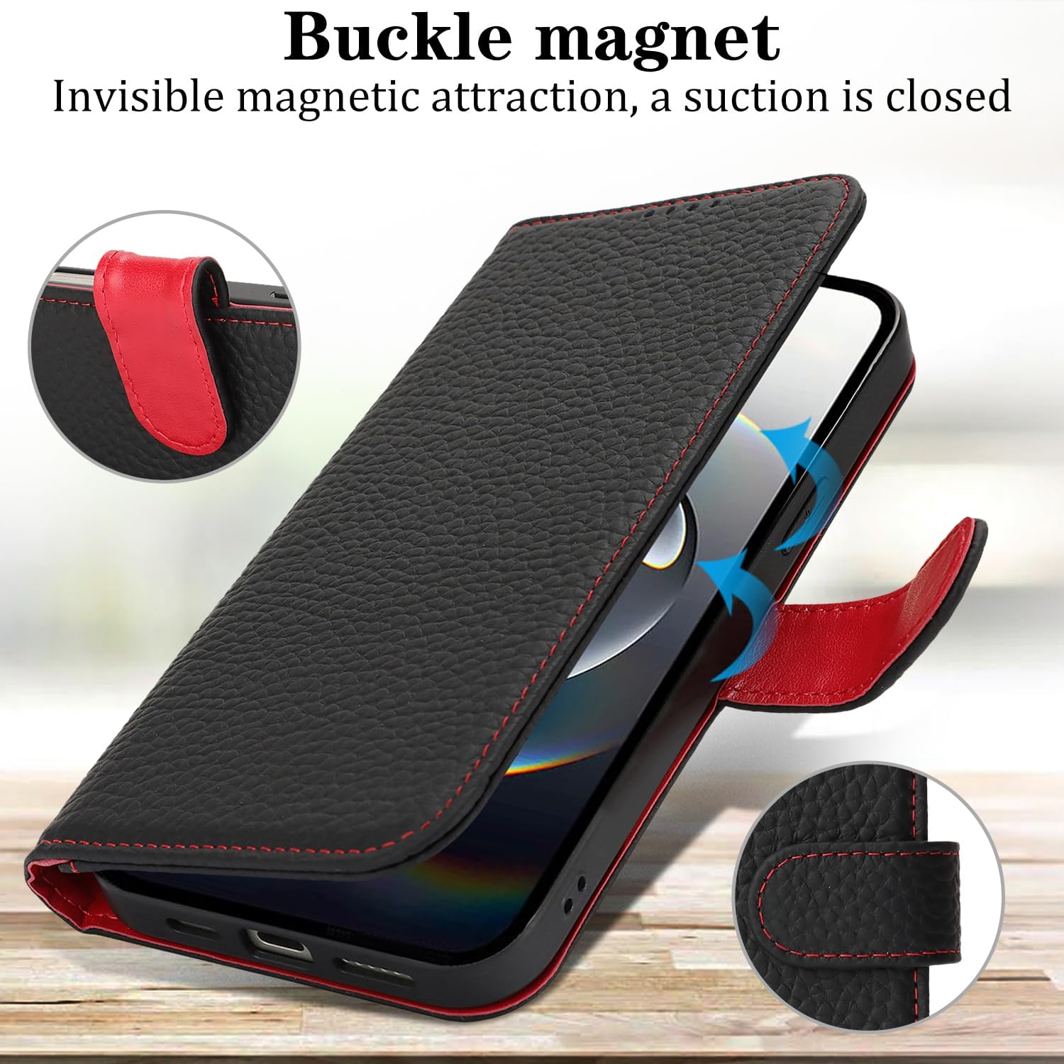 For Iphone 16E Case Genuine Leather Wallet for Iphone16E I16E Sunyoo Case Folio Porte Feuille Coque &Eacute;tui Funda Portefeuille Femmes Homme RFID Blocking Magnetic Book Flip Cover Black Red image number 4