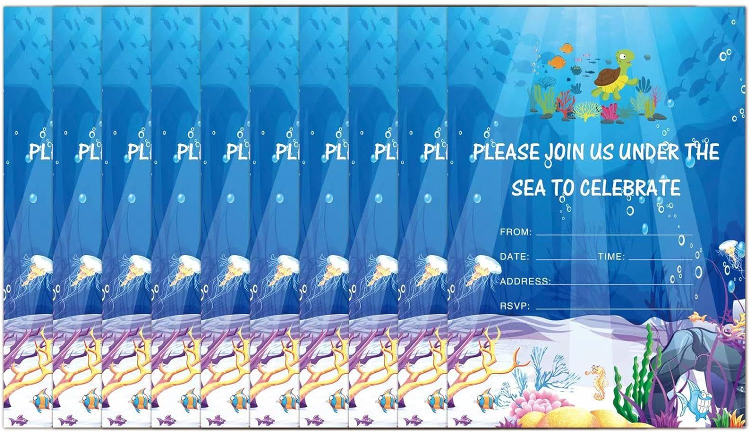 Manqianxun Ocean Sea Life Party Supplies - Magical Ocean Sea Life Invites for Boys and Girls Fill-In10 Pack Party Invitations Cards with Envelopes Birthday Wedding Babypool Party image number 1
