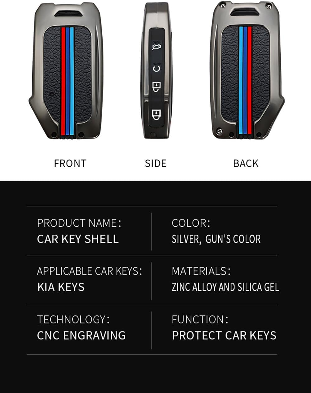 HIBEYO for KIA Telluride Key Case Holder 4 Button Alloy Key Fob Cover for KIA Telluride Seltos Soul Forte GT EX Sportage Sorento Cerato NIRO Push Key Smart Key Cover Accessories -B Type Black - A Type Silver image number 2