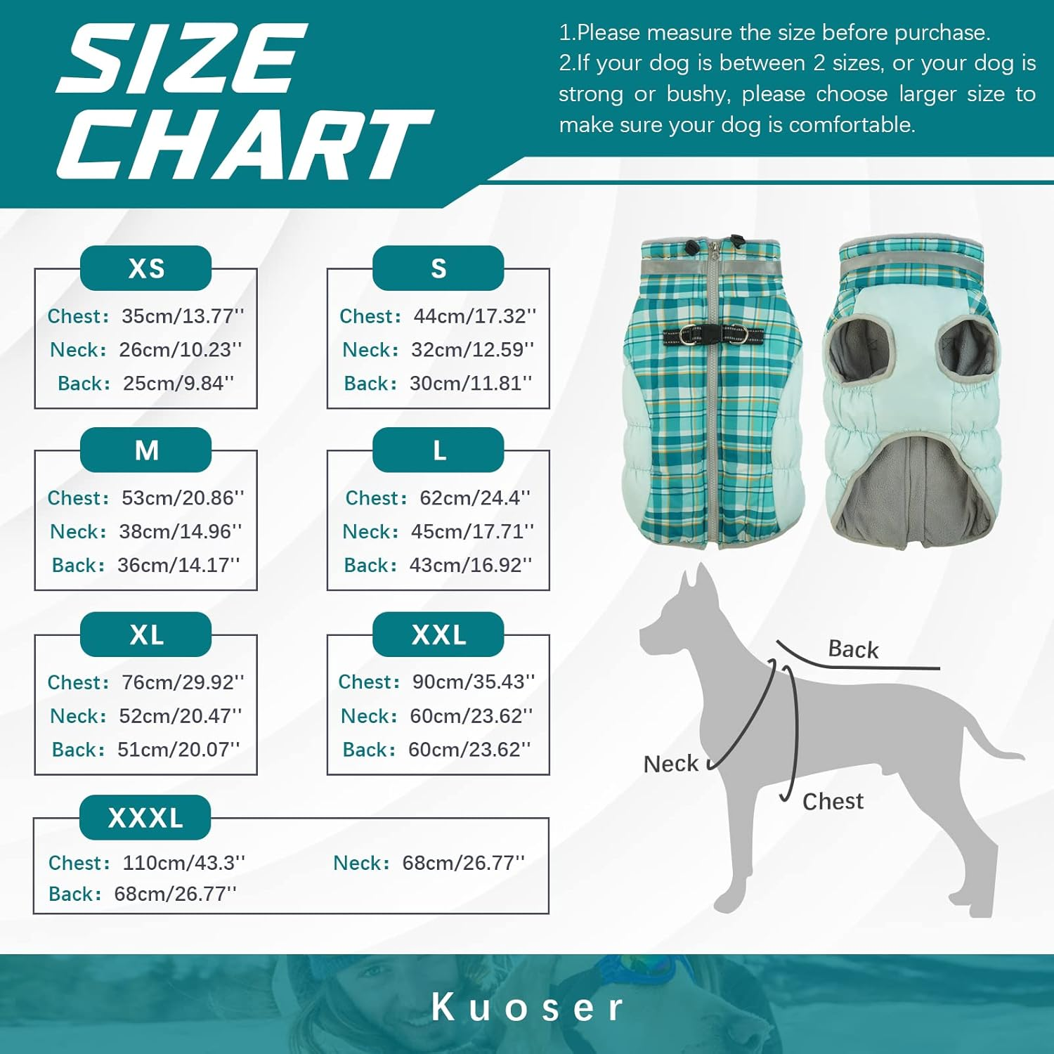 Kuoser Waterproof Dog Coat - Winter Jacket with Fleece Lining, Fur Collar, Reflective Warm Vest for Cold Weather, Green Plaid, Size M image number 4